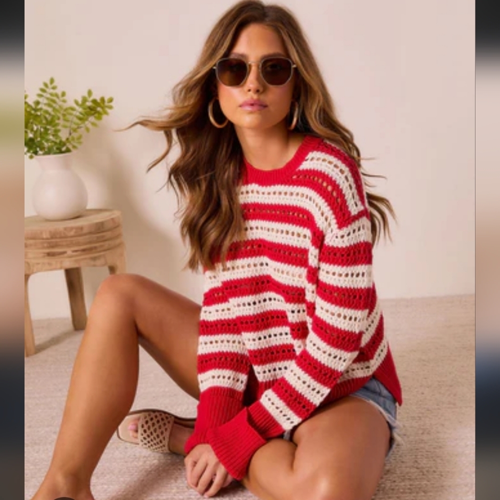 Vici Red and White Crochet Striped Crew Neck Sweater NWOT